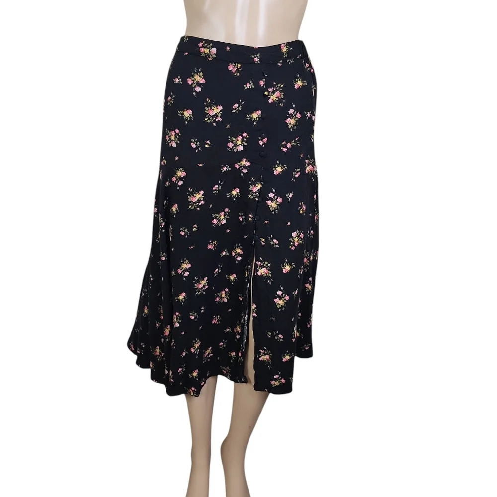 Stradivarius Black Pink Floral Print Midi Skirt Slit